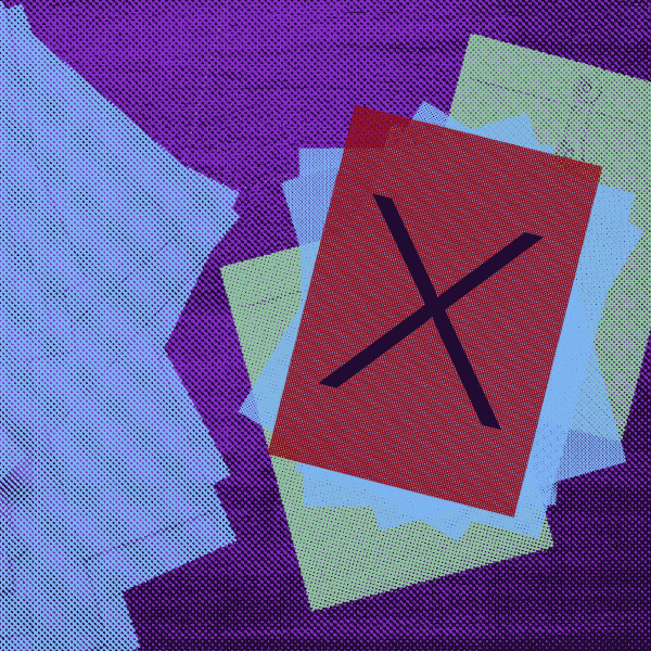 Graphic depicting a red paper with an X on it within other bills.