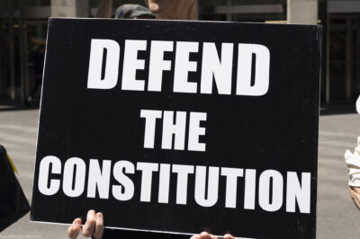 A demonstrator holds a sign (with white letters on a black background) that reads "DEFEND THE CONSTITUTION".