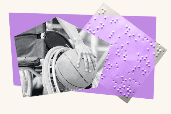 An illustrated collage of braille and someone in a wheelchair holding a basketball