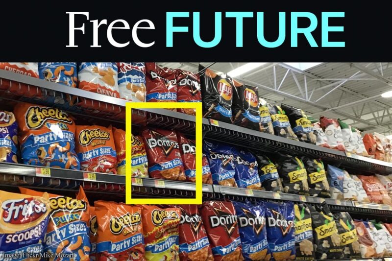 Chips aisle in a store with a box around a bag of doritos as if it's been identified by AI