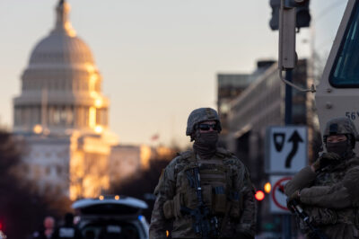 Members of the National Guard patrol the area surrounding the outskirts of the Capitol Building in Washington D.C.
