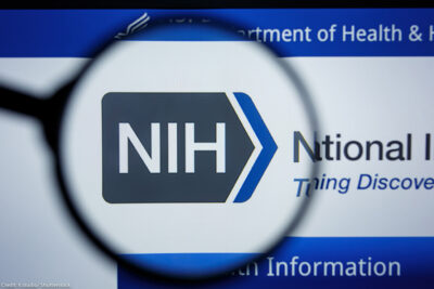 The The National Institutes of Health homepage with a closeup of its logo.