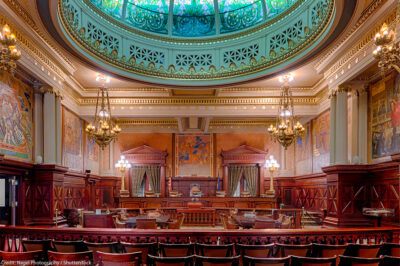 The stained glass green dome is visible in the Supreme Court Chamber in the Pennsylvania State Capitol building.