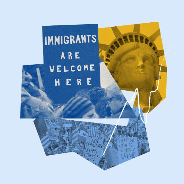 Collage of protest pictures, the statue of liberty, and a sign that reads, "Immigrants are welcome here."