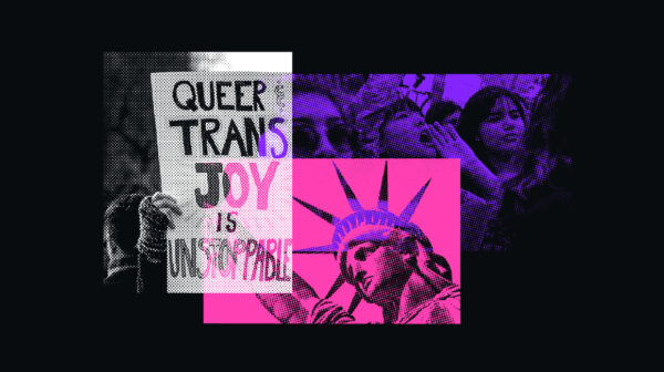 A collage featuring the Statue of Liberty, a crowd at a protest, and a sign that reads “Queer trans joy is unstoppable.”