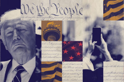 A graphic featuring Trump and imagery pertaining to surveillance and first amendment rights.