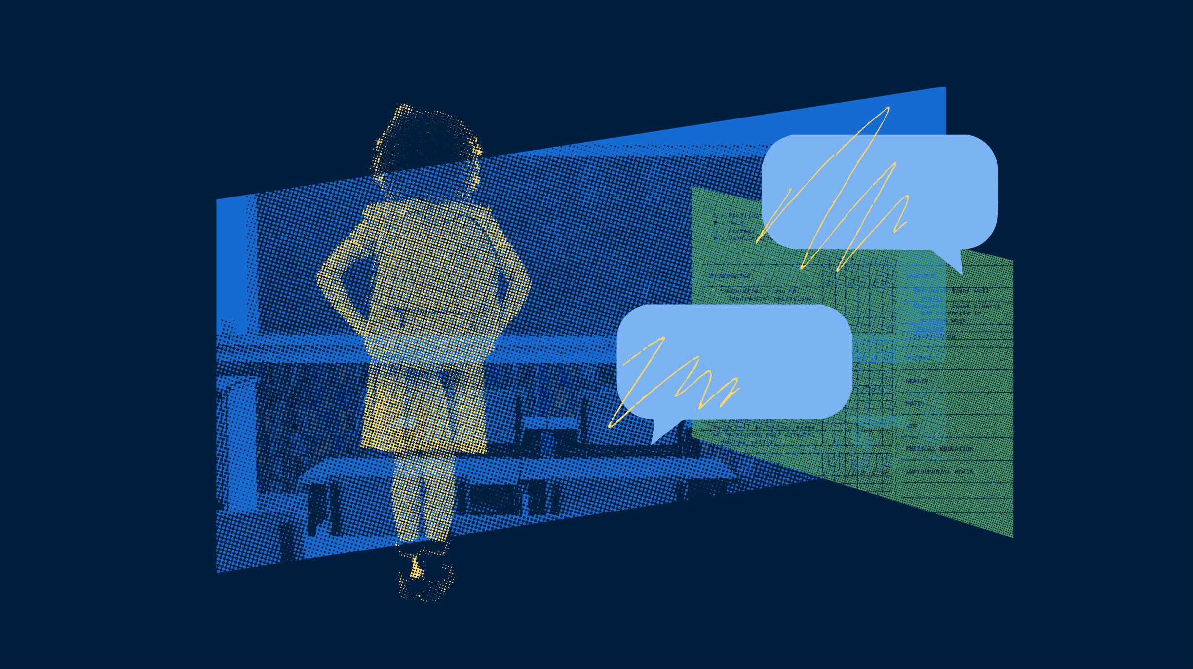 A collage depicting a student, a classroom and a report card. The collage is overlaid with speech bubbles.