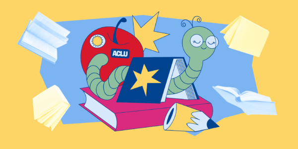 A graphic depicting books, pencils, an apple, and a bookworm.