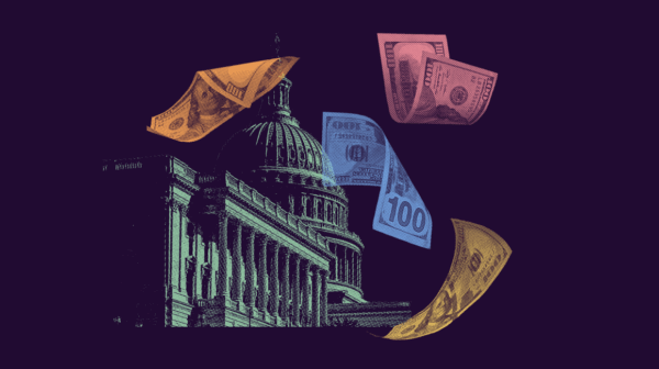 A collage featuring the United States Capitol building surrounded by colorful $100 bills.