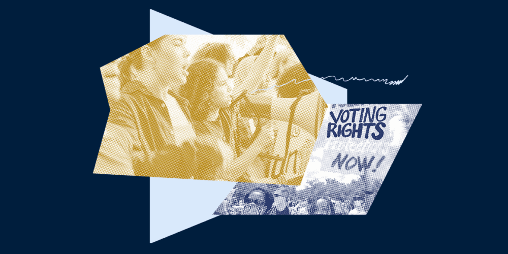 A graphic with images pertaining to voting rights.