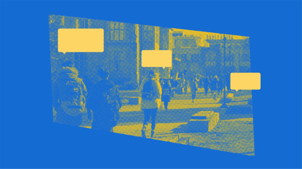 A blue and yellow collage featuring students with backpacks, surrounded by yellow speech bubbles.